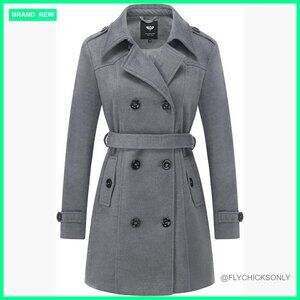 Wool Blend Double Breasted Pea Coat with Long Belt Windproof